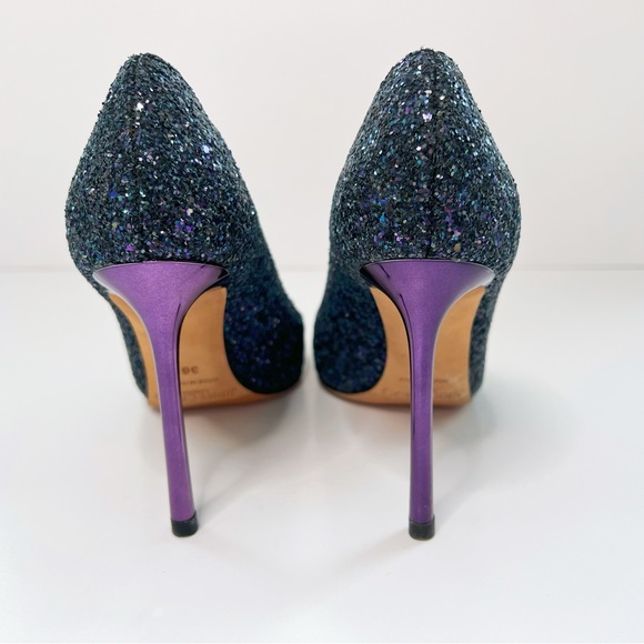 Jimmy Choo Authentic Romy Heels Blue Navy Leather Glitter Pumps Pointed Toe - Picture 6 of 8